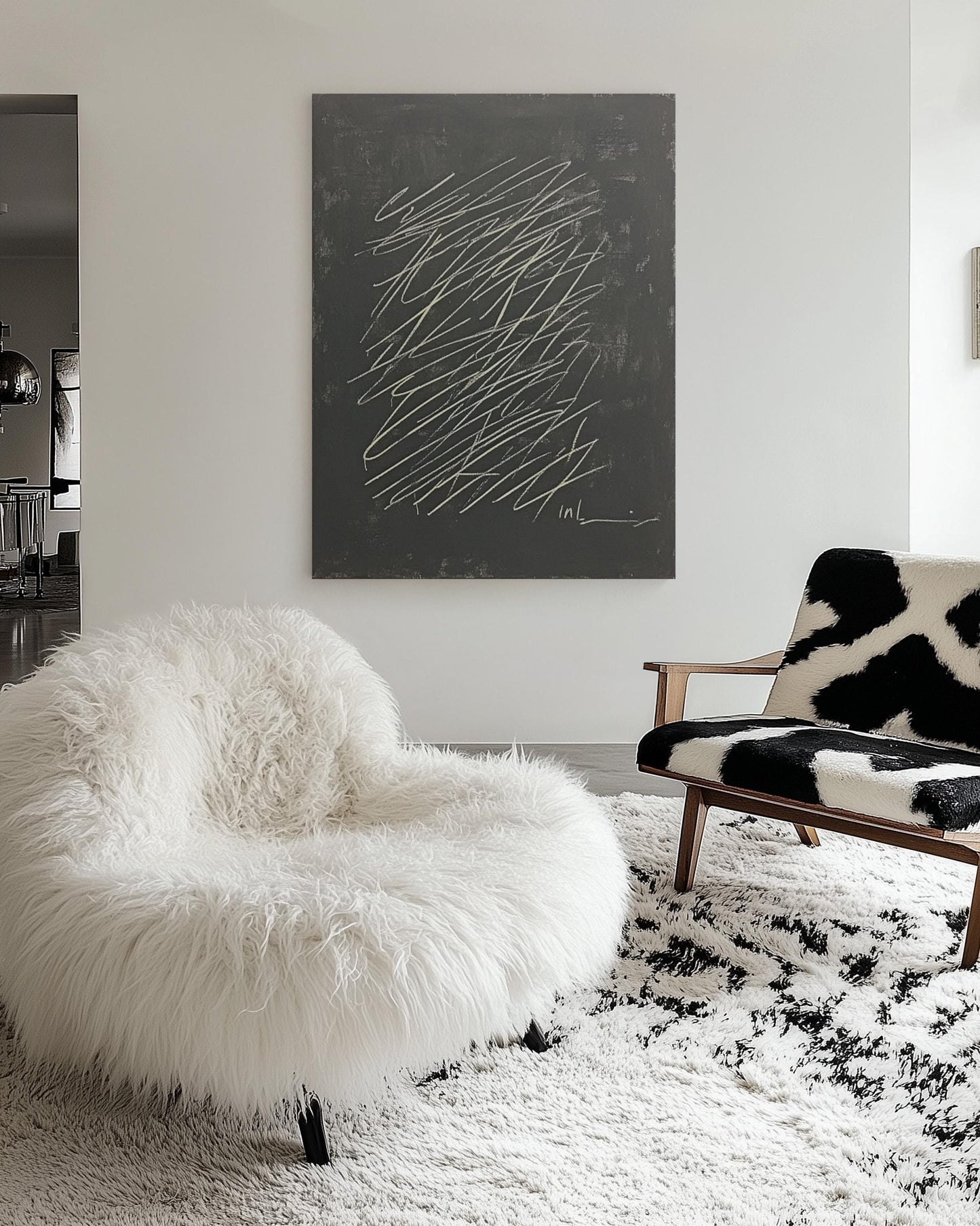 Original Minimalist Abstract Painting – Black Canvas with Expressive Scribble Linework My Store