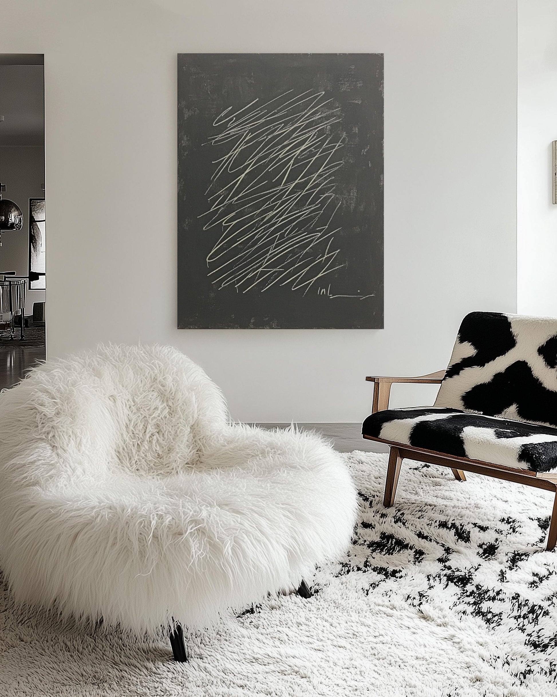 Original Minimalist Abstract Painting – Black Canvas with Expressive Scribble Linework My Store