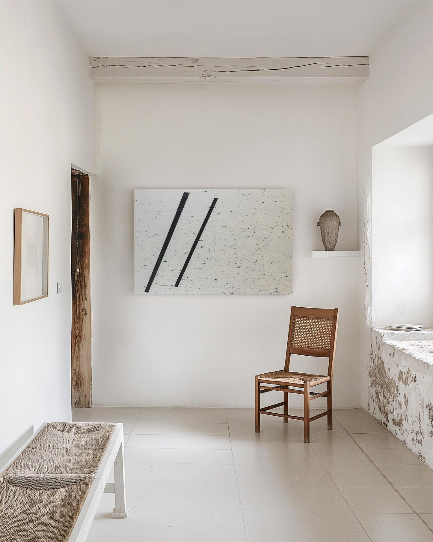 Original Abstract Minimalist Painting – White Canvas with Splatter Texture and Bold Black Lines My Store