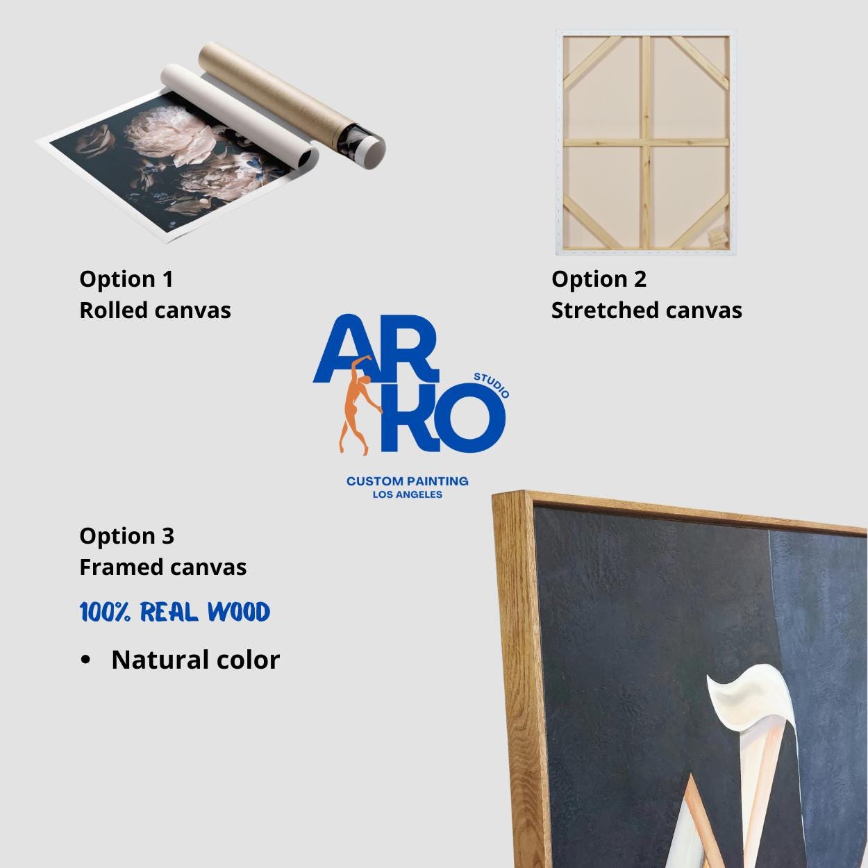 three different options for artwork: a rolled canvas, a stretched canvas, and a framed canvas. The rolled canvas is labeled as "Option 1" and the stretched canvas as "Option 2". The framed canvas is labeled as "Option 3" and is described as "100% REAL WOOD" and "NATURAL COLOR".