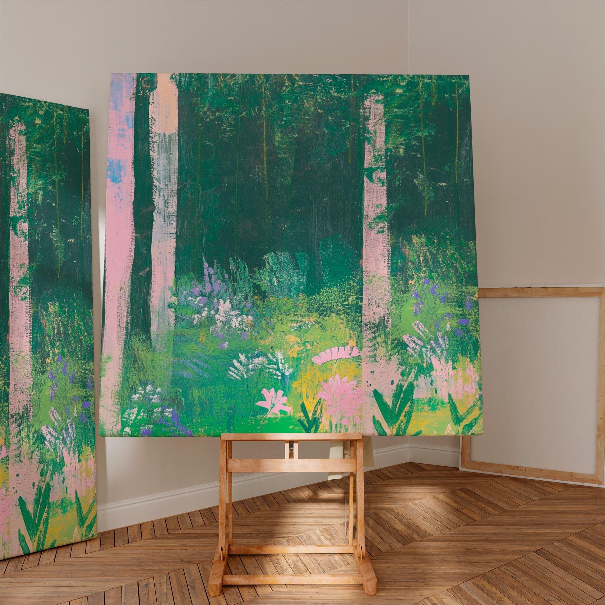 Enchanted Forest — Botanical Abstract Landscape Painting, Pink Flowers and Green Woods, Nature Wall Art on Canvas My Store