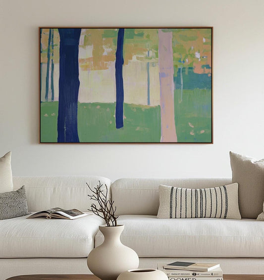 Abstract Forest Painting – Colorful Tree Landscape in Modern Minimalist Style, Contemporary Nature Art My Store