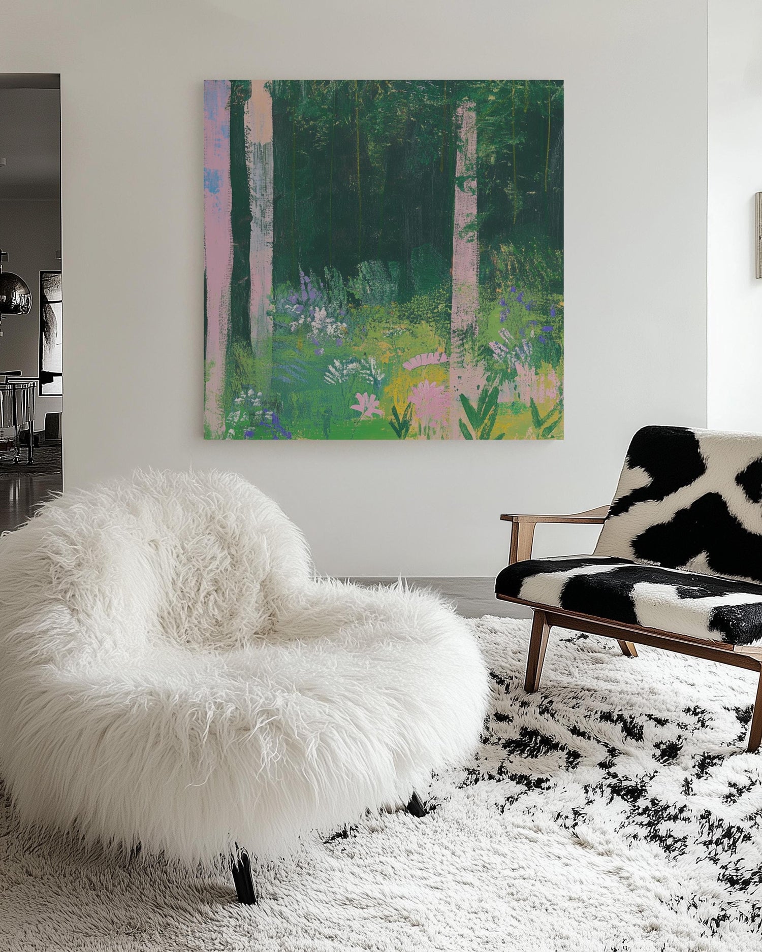 Enchanted Forest — Botanical Abstract Landscape Painting, Pink Flowers and Green Woods, Nature Wall Art on Canvas My Store