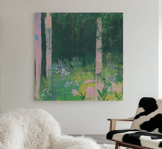 Enchanted Forest — Botanical Abstract Landscape Painting, Pink Flowers and Green Woods, Nature Wall Art on Canvas My Store