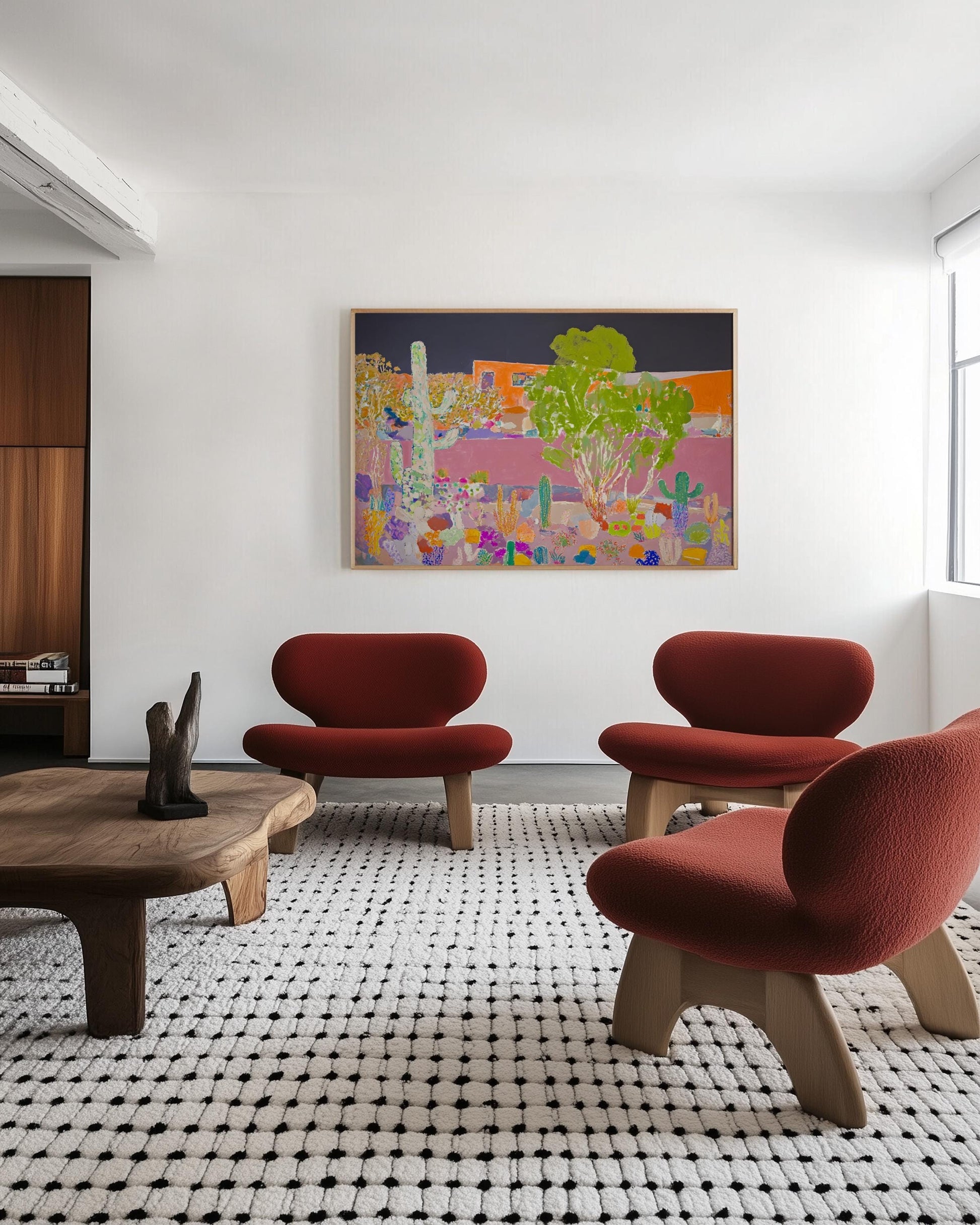 Colorful Desert Landscape Painting – Modern Cactus Garden with Adobe House, Bold Southwestern Wall Art My Store