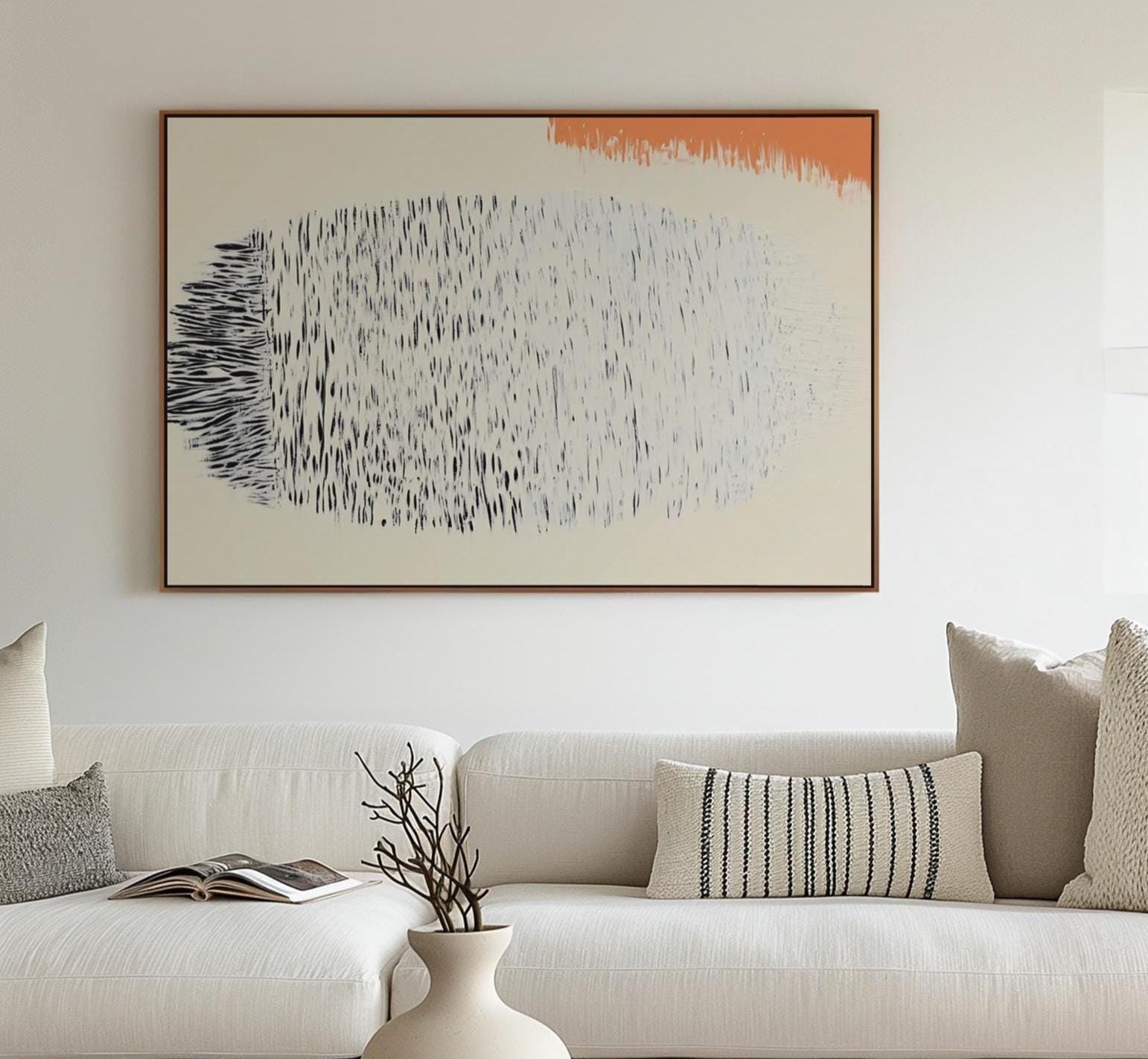 Original Abstract Painting – Organic Black Strokes with Peach Accent on Cream Canvas My Store