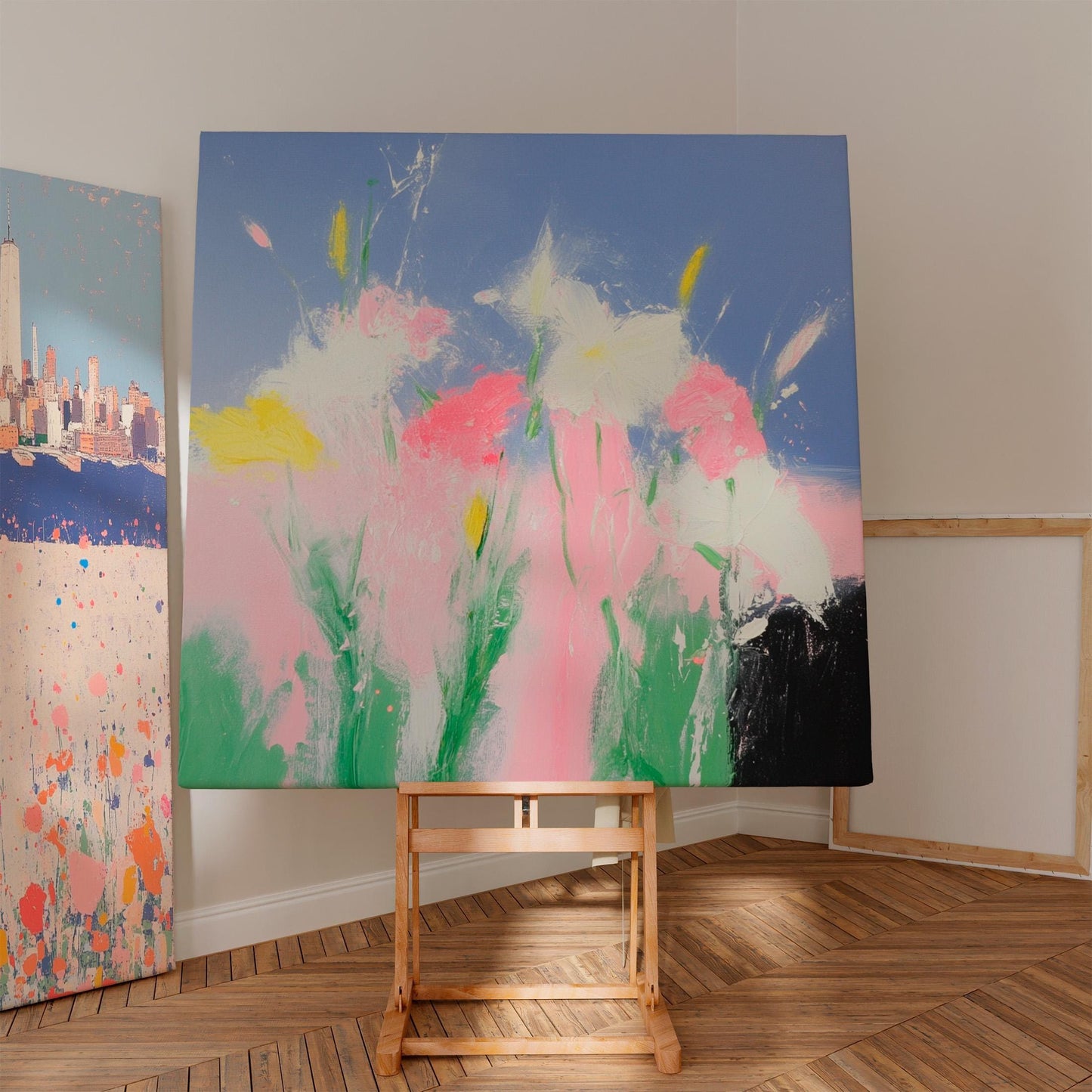 Spring Breeze — Abstract Floral Painting in Pink, Yellow, and Blue, Modern Botanical Wall Art on Canvas My Store