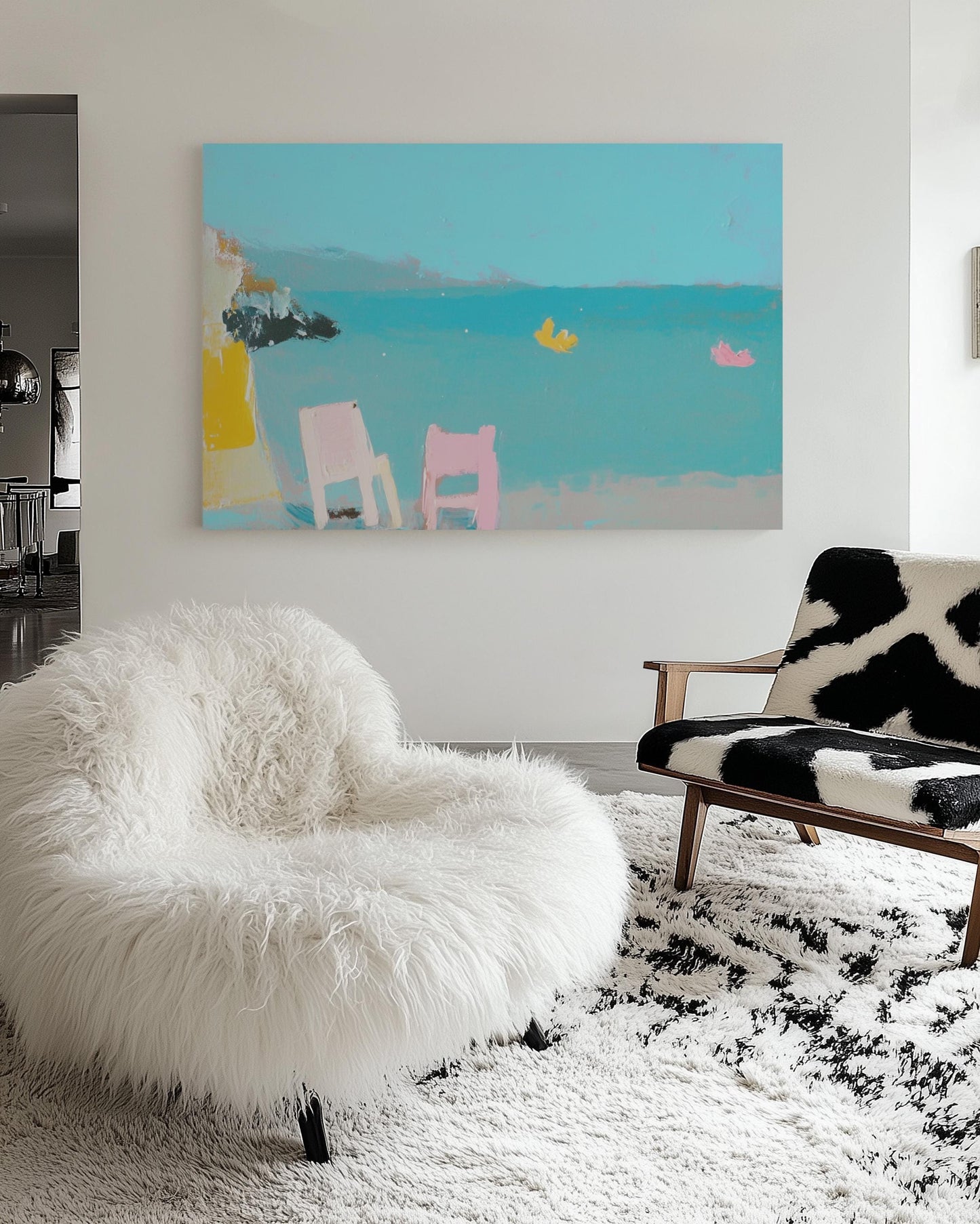 Minimalist Seaside Painting – Colorful Beach Chairs and Toy Boats, Modern Coastal Wall Art My Store