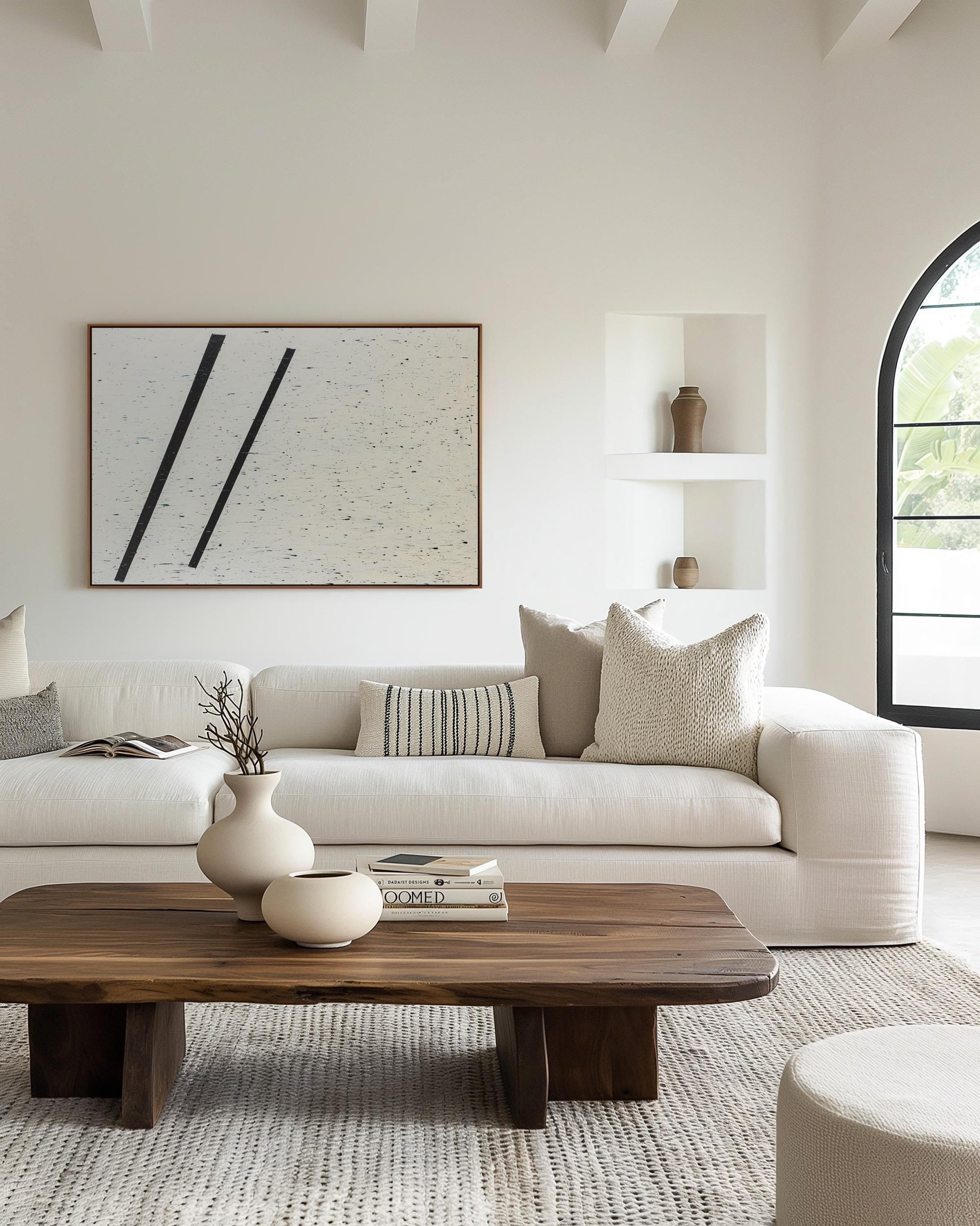 Original Abstract Minimalist Painting – White Canvas with Splatter Texture and Bold Black Lines My Store
