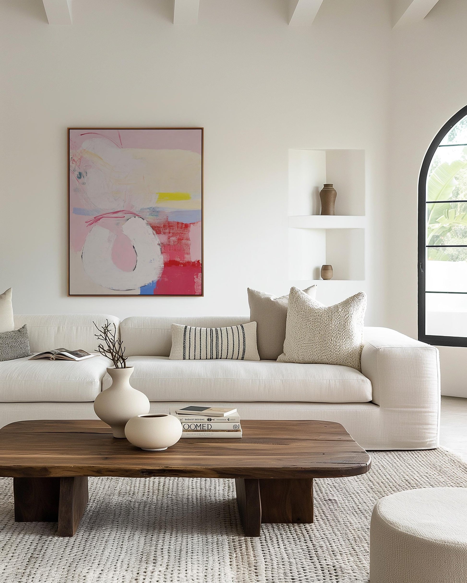 Playful Abstract Painting – Soft Pink, Red & Yellow Modern Wall Art on Canvas My Store