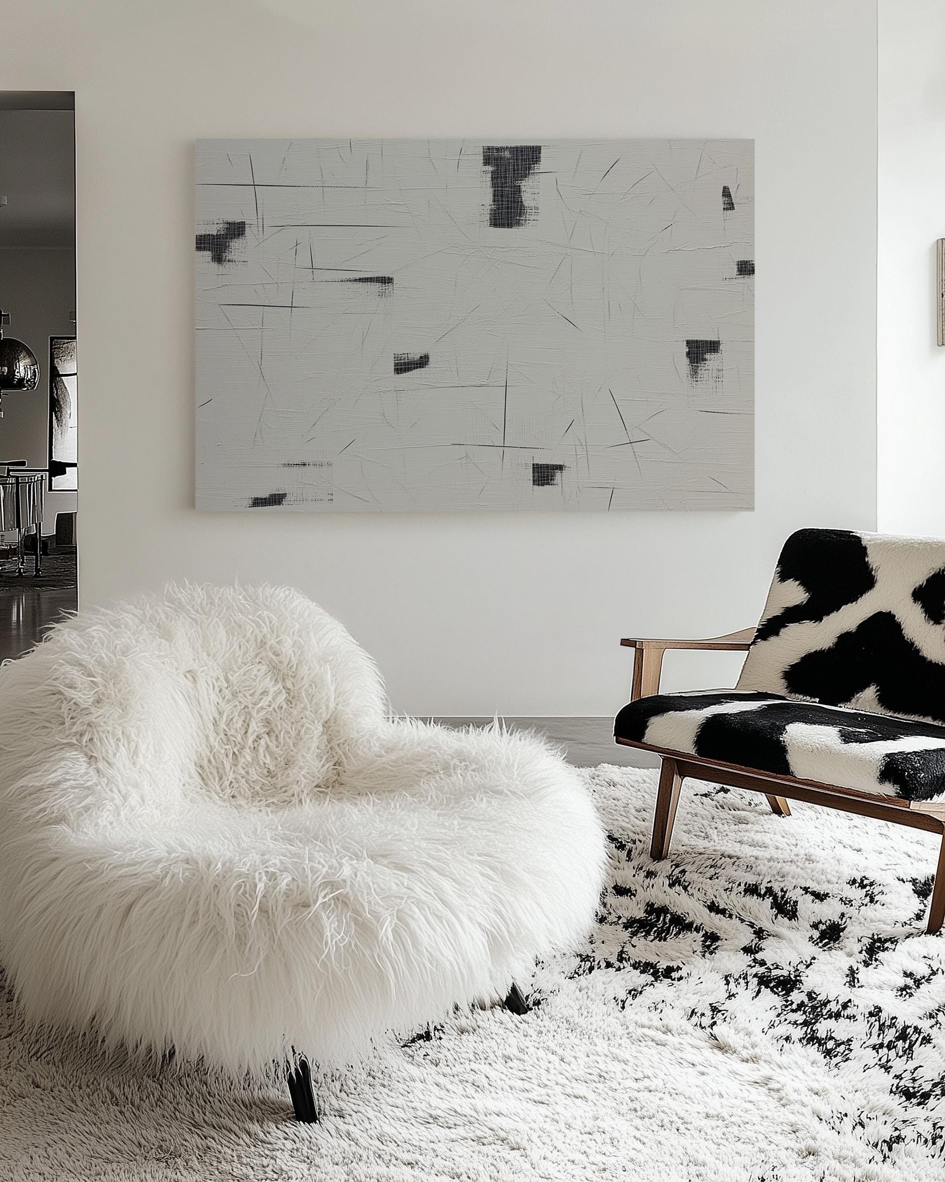 Original Minimalist Abstract Painting – White Textured Canvas with Subtle Black Grid Elements My Store
