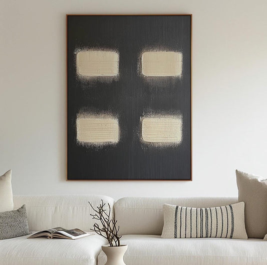 Original Minimalist Abstract Painting – Black Canvas with Cream Textured Blocks My Store